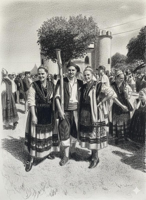 Fiestas de Llanes, La Guía. Foto afuera de la capilla de La Guía donde salen personas con el traje típico de Porruano y aldeana.