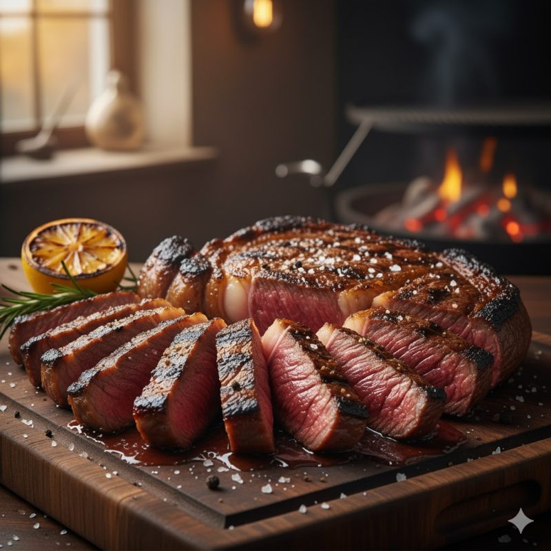 Chuletón troceado encima de una tabla, Restaurante Cabañón cerca de Casa Rural Grau
