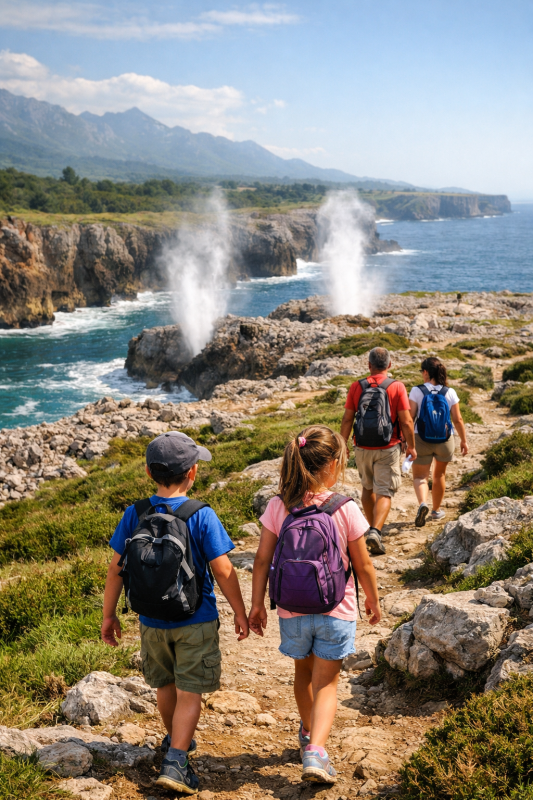 Vacaciones en familia en Llanes con niños disfrutando de la naturaleza y la costa Asturiana. Imagen con IA