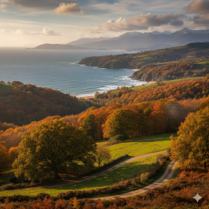 Paisaje de otoño en Llanes, Asturias con bosque dorado y mar Cantábrico de fondo