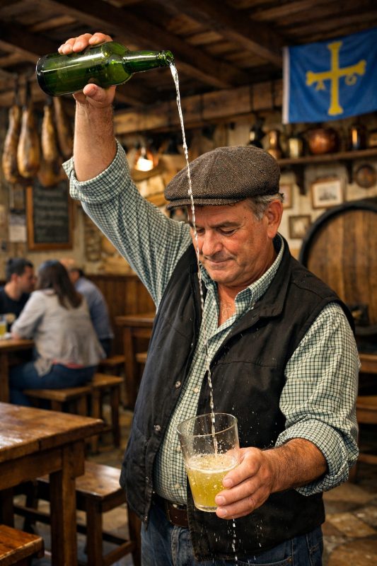 Sidra asturiana siendo escanciada en Llanes